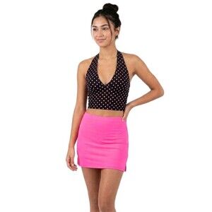 Y2K Funky Diva 2pc Set Hot Pink Lycra Halter Crop Top + Skort Dance Women’s S